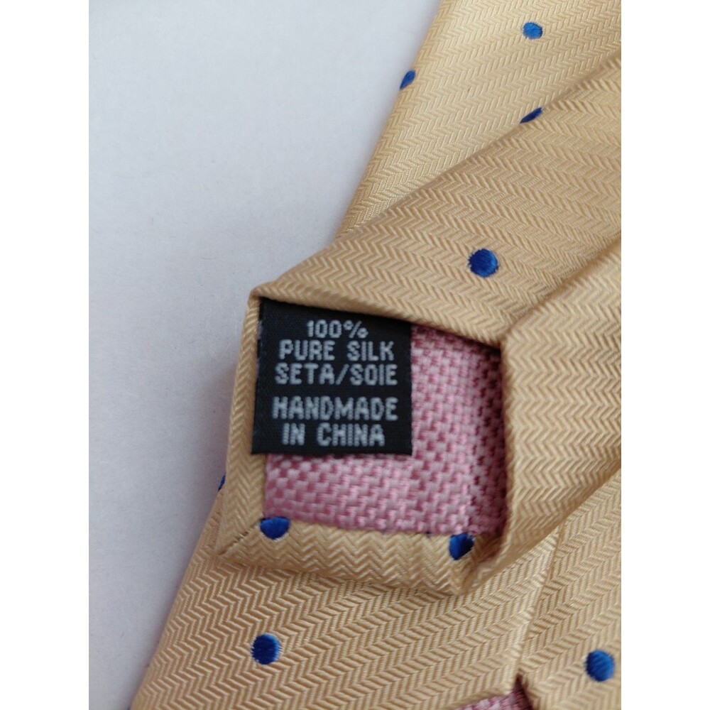 Thomas Pink Yellow Silk Tie Woven in England 3"x58" Blue Dot Pattern - Picture 5 of 7